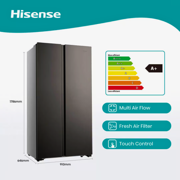 Hisense 508L No Frost Side by Side Titanium Inox Fridge Freezer (*Box Damaged) - Image 3